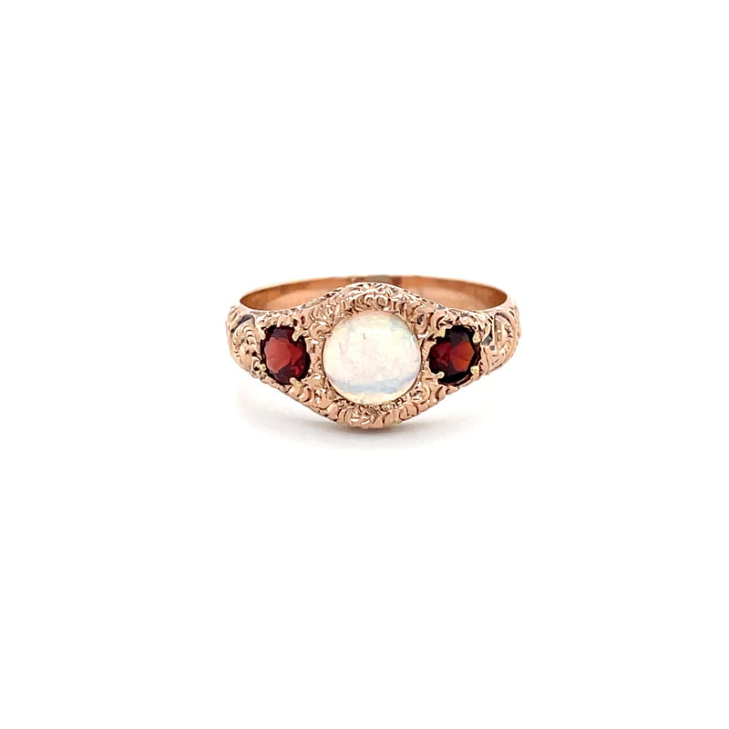 Estate 10K Rose Gold Victorian Opal & Garnet Ring – Size 10.5