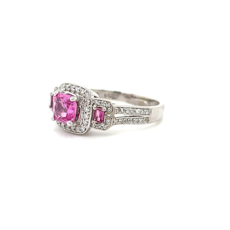 Estate 14K White Gold Radiant Cut Pink Sapphire Halo Ring