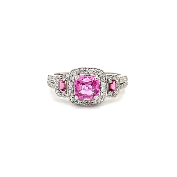 Estate 14K White Gold Radiant Cut Pink Sapphire Halo Ring