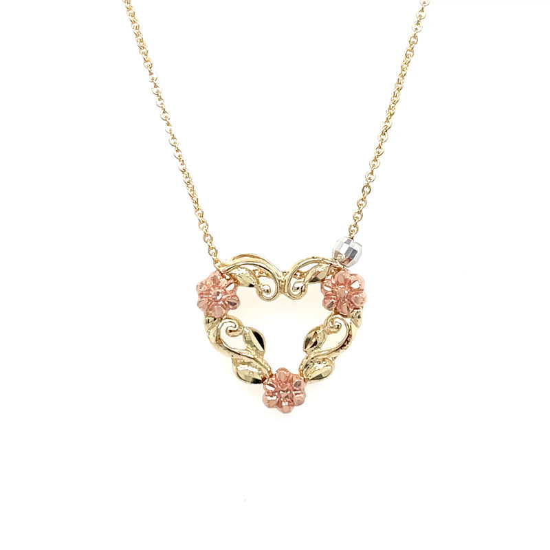 Estate 10K Yellow Gold Heart Necklace with Rose Gold Flowers & White Gold Accent Bead