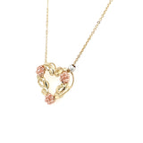 Estate 10K Yellow Gold Heart Necklace with Rose Gold Flowers & White Gold Accent Bead