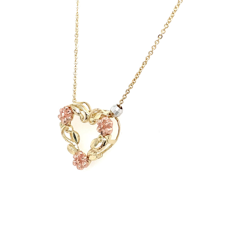 Estate 10K Yellow Gold Heart Necklace with Rose Gold Flowers & White Gold Accent Bead