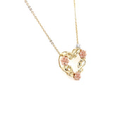 Estate 10K Yellow Gold Heart Necklace with Rose Gold Flowers & White Gold Accent Bead