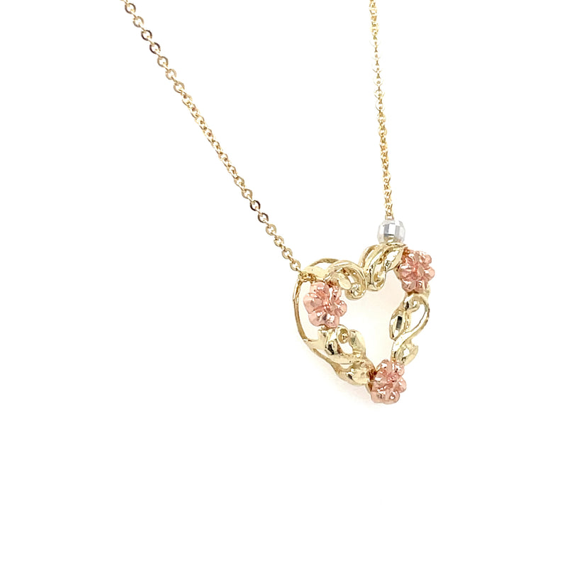 Estate 10K Yellow Gold Heart Necklace with Rose Gold Flowers & White Gold Accent Bead