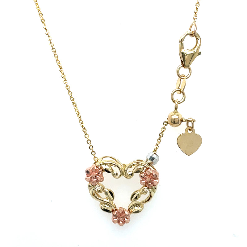 Estate 10K Yellow Gold Heart Necklace with Rose Gold Flowers & White Gold Accent Bead