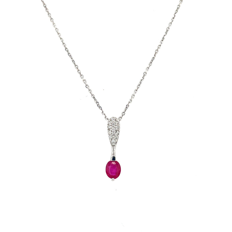 14K White Gold Ruby Pendant Necklace with Diamond Bail