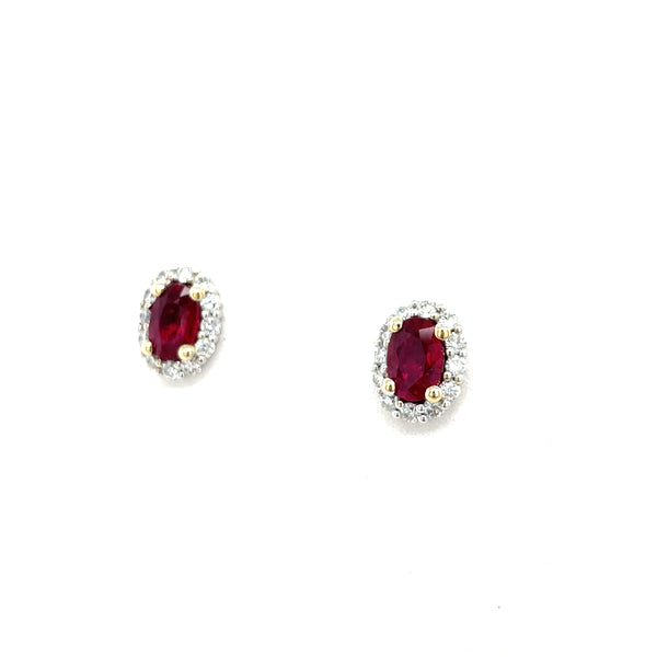 14K White Gold Oval Ruby and Diamond Halo Stud Earrings