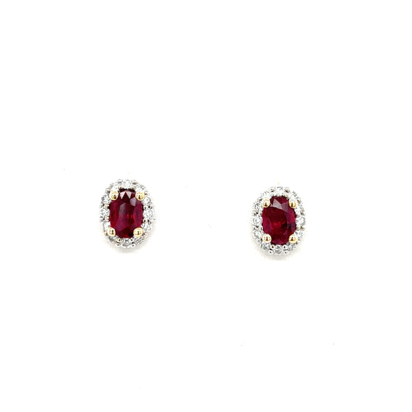 14K White Gold Oval Ruby and Diamond Halo Stud Earrings