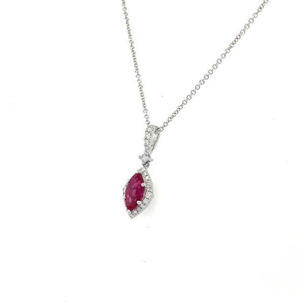 14K White Gold Marquise Ruby and Diamond Halo Necklace