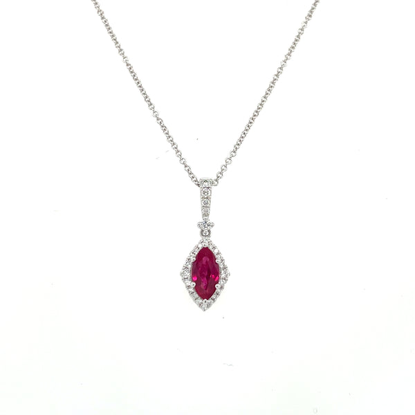 14K White Gold Marquise Ruby and Diamond Halo Necklace