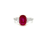 18K White and Yellow Gold Oval Ruby Ring with Trapezoid and Round Diamonds