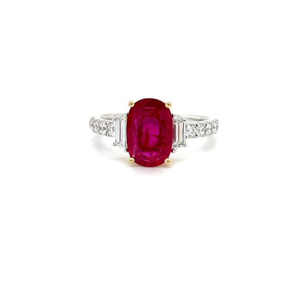 18K White and Yellow Gold Oval Ruby Ring with Trapezoid and Round Diamonds