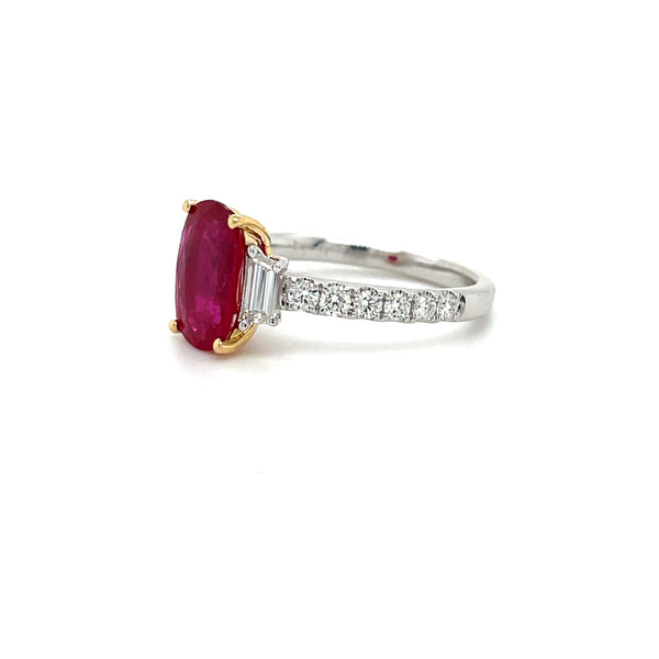 18K White and Yellow Gold Oval Ruby Ring with Trapezoid and Round Diamonds
