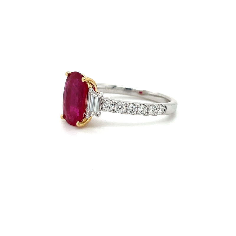 18K White and Yellow Gold Oval Ruby Ring with Trapezoid and Round Diamonds