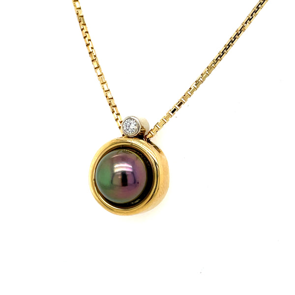 ESTATE 14K Two-tone Gold Black Pearl & Diamond Accent Necklace