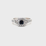 ESTATE 14KW Gold Square Halo Diamond & Sapphire Ring