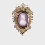 Estate 10K Yellow Gold Victorian Cameo Pendant/Brooch with Green Gold Leaf Accents