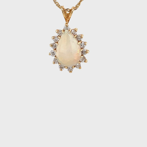 Estate 14K Pear Opal & Diamond Halo Necklace