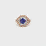 14k Rose and White Gold 1.52ct Round Tanzanite and .34ctw Diamond Double Halo Ring