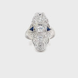 ESTATE 18K WHITE GOLD 3-STONE VERTICAL RING WITH DIAMOND AND SYNTHETIC BLUE SAPPHIRE