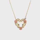 Estate 10K Yellow Gold Heart Necklace with Rose Gold Flowers & White Gold Accent Bead