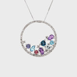 ESTATE 14K WHITE GOLD CIRCLE PENDANT NECKLACE WITH CONFETTI COLORED GEMS