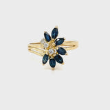 ESTATE 14K YELLOW GOLD RING WITH MARQUISE SHAPED BLUE SAPPHIRES AND DIAMONDS