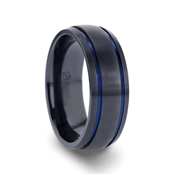 SHERIFF Domed Black Titanium Brushed Finish Ring with Blue Grooves – 8mm