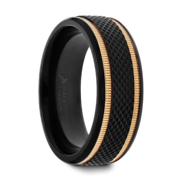 BAROQUE Black Titanium Diamond Pattern Brushed Finish Band with Gold Milgrain - 8mm