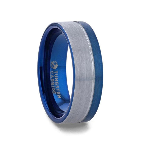 ATLANTIC Duo Color Brushed Center Tungsten Band with Blue Ion Plating - 8mm