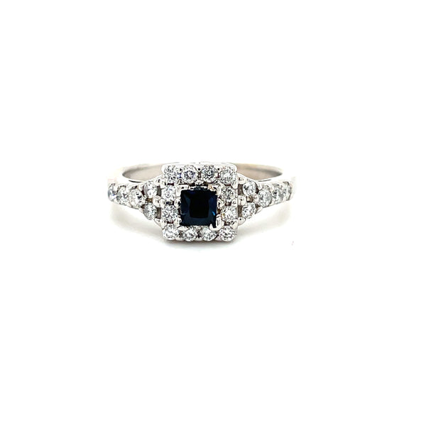 ESTATE 14KW Gold Square Halo Diamond & Sapphire Ring