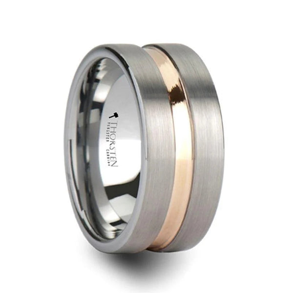 ZEUS Flat Brushed Finish Tungsten Carbide Ring with Rose Gold Plated Groove - 8mm