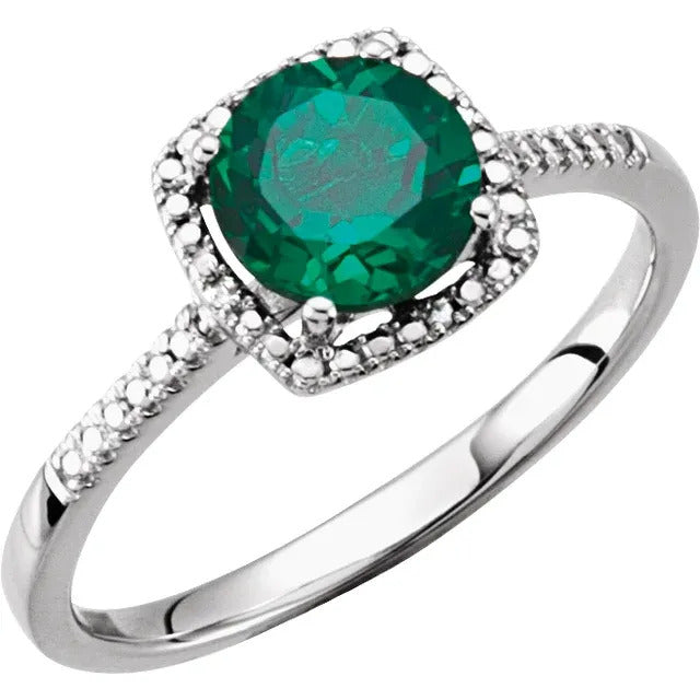 Sterling Silver Created Emerald & .01ctw Diamond Ring