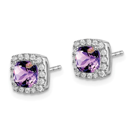 14k White Gold Amethyst Post Earrings with Diamond Halo