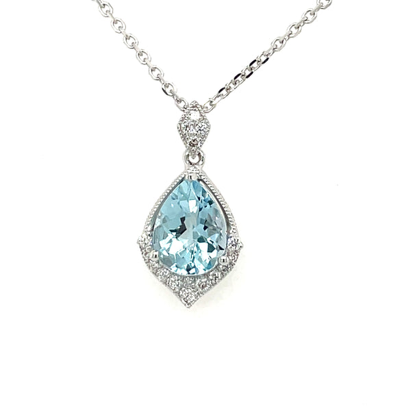 14KW Gold Pear-Shape Aquamarine Necklace with Diamond Accents