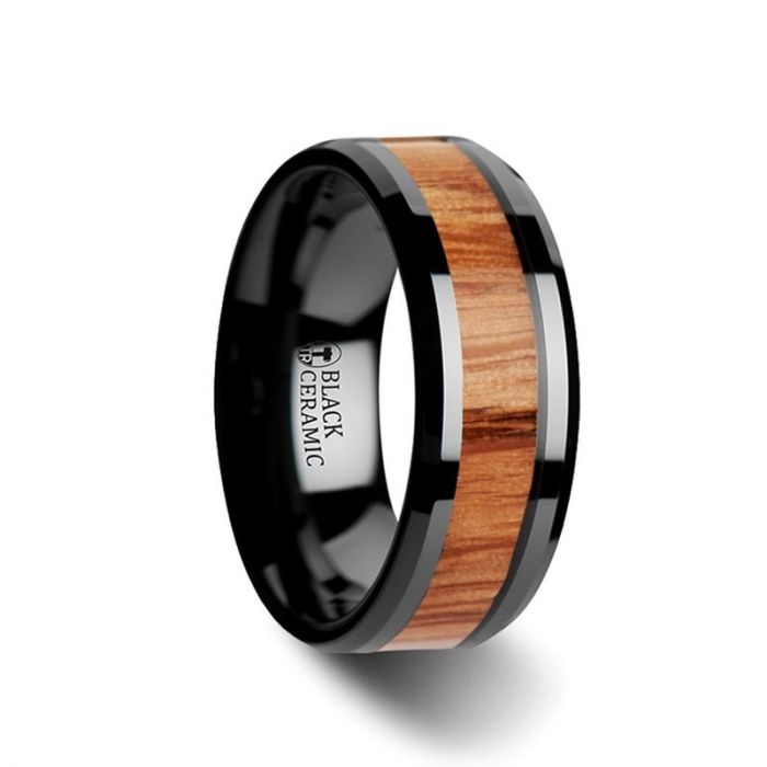 OBLIVION Black Ceramic Band with Red Oak Wood Inlay
