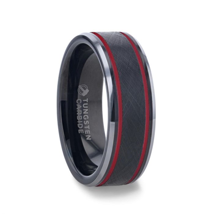 OLIS Black Tungsten Band with Double Red Stripe
