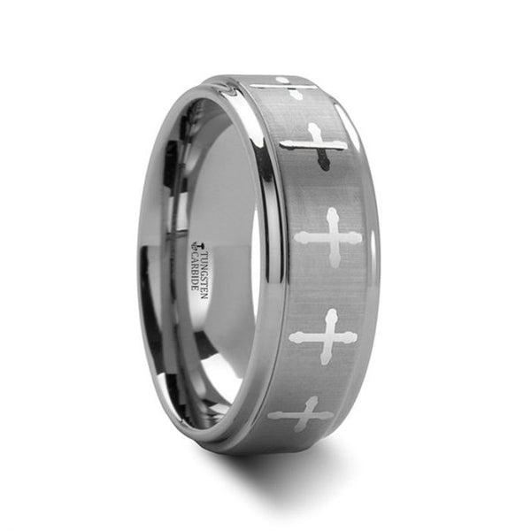 TRINITY Tungsten Band with Engraved Crosses