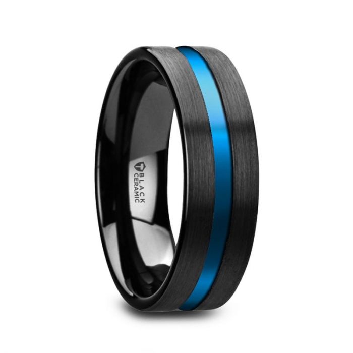 WESTLEY Black Ceramic Band with Blue Grooved Center
